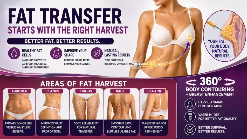 Fat transfer harvest infographic showing abdomen, flanks, thighs, back, and bra-line donor areas for natural breast augmentation.