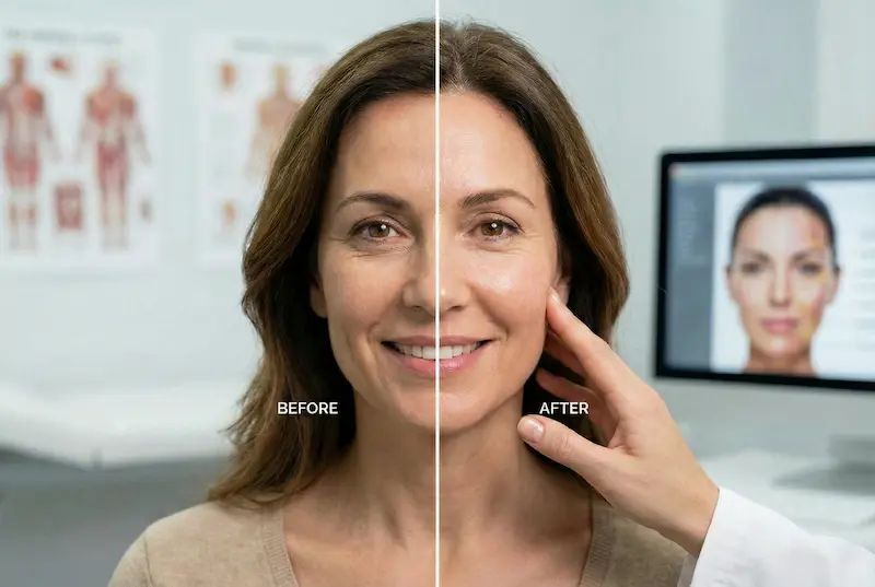 Fat Transfer to Face before-and-after photo showing natural facial volume restoration (cheeks, under-eyes, smile lines).