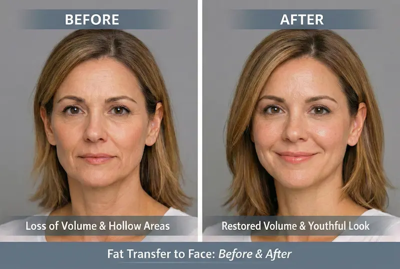 Fat Transfer To Face before-and-after showing hollows reduced and facial volume restored for a fresher look.