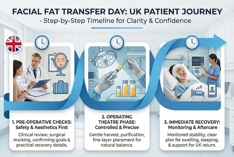 Fat Transfer To Face step-by-step timeline showing pre-operative checks, operating theatre phase, and immediate recovery for UK patients.