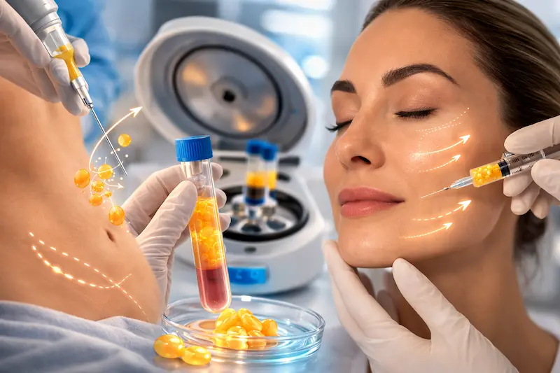 Fat Transfer To Face procedure showing purified fat preparation and precise facial injection to restore natural volume and contour.