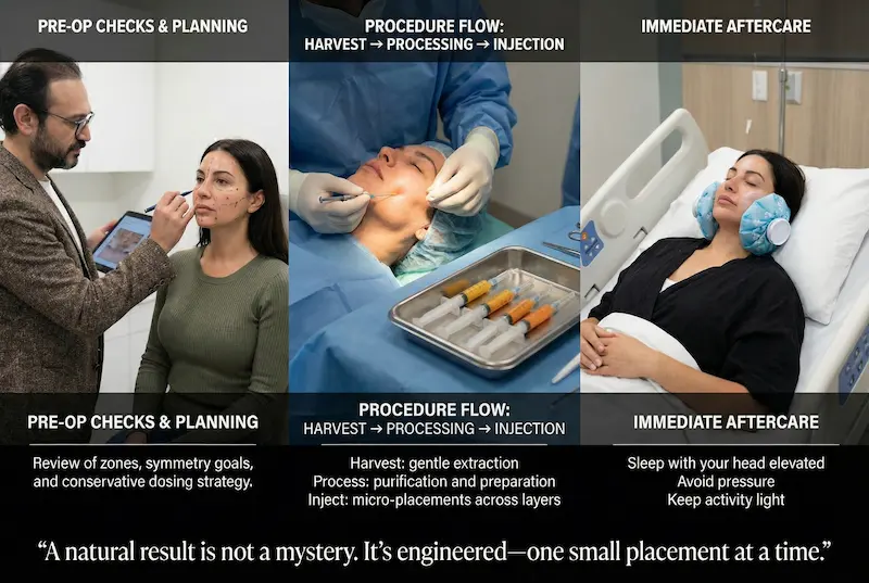 Fat Transfer to Face step-by-step collage showing pre-op planning, harvest-processing-injection flow, and immediate aftercare.