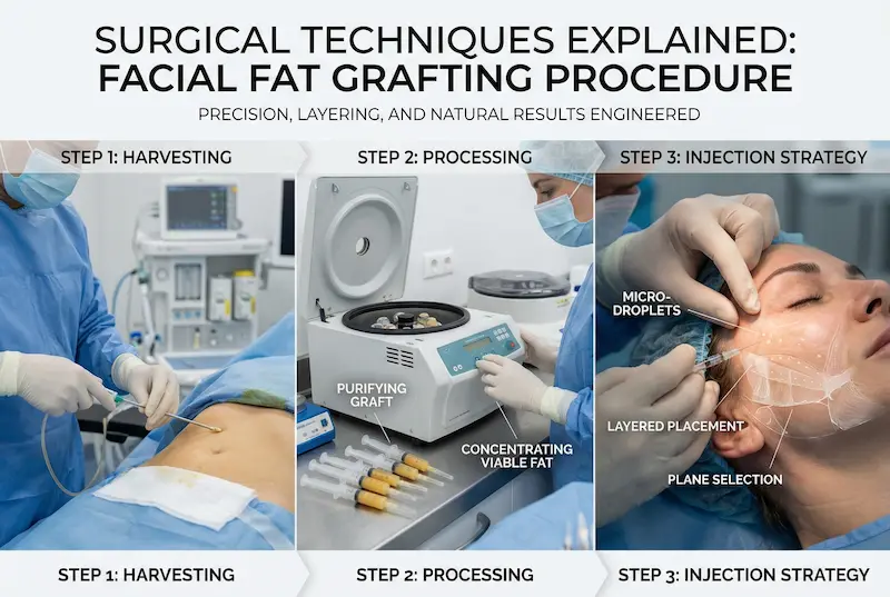 Fat Transfer to Face techniques infographic showing harvesting, fat processing, and layered micro-droplet facial injection.