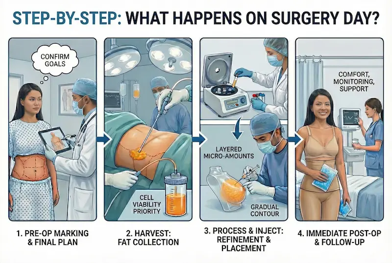 Fat Transfer Breast Augmentation step-by-step infographic showing pre-op planning, fat harvest, processing, injection, and post-op care.