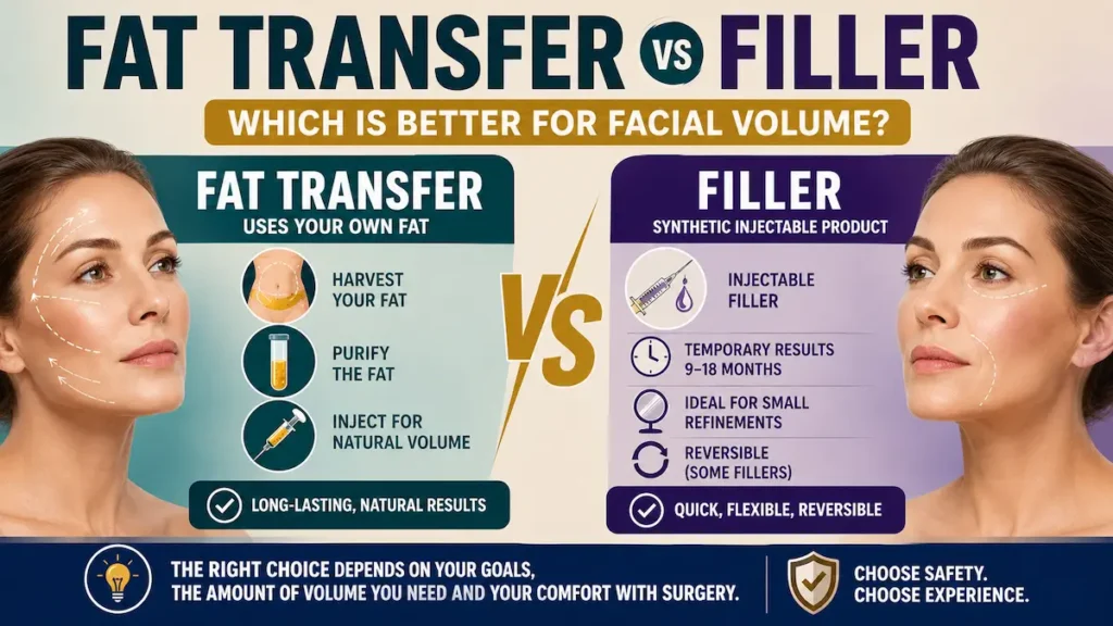 Fat transfer vs filler infographic comparing facial volume restoration with your own fat and injectable filler.