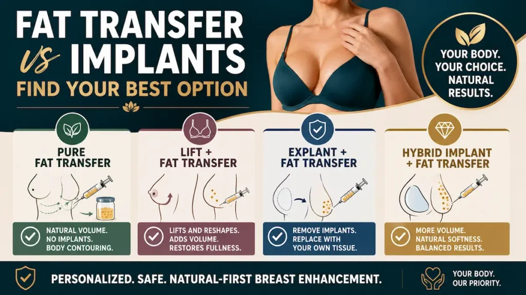 Fat transfer vs implants infographic comparing pure fat transfer, lift with fat transfer, explant with fat transfer, and hybrid breast augmentation.