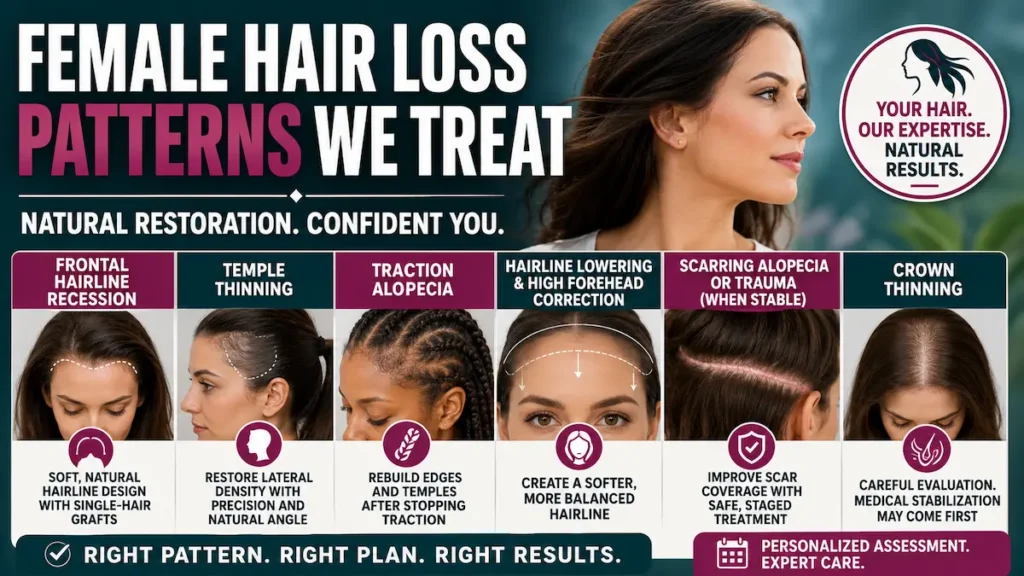 Female hair loss patterns infographic showing frontal recession, temple thinning, traction alopecia, scarring alopecia, and crown thinning.