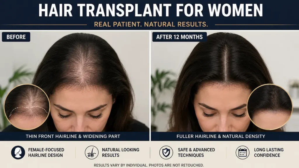 Female hair transplant before and after photo showing improved frontal hairline density and a fuller part line after 12 months.