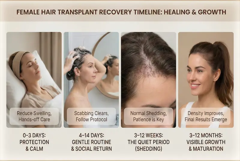Hair Transplant For Women recovery time infographic showing healing stages: days 0–3 protection, days 4–14 scab removal, weeks 3–12 shedding, months 3–12 growth.