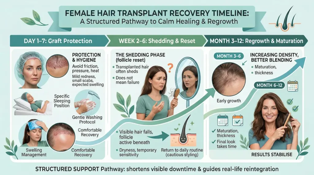 Hair Transplant For Women recovery timeline infographic showing days 1–7 graft protection, weeks 2–6 shedding, and months 3–12 regrowth.