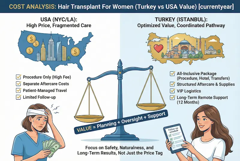Female Hair Transplant Turkey Cost infographic comparing Turkey (Istanbul) vs USA (NYC/LA), showing value factors like aftercare, VIP logistics, and 12-month support.