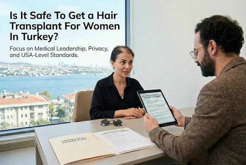 Female Hair Transplant Turkey consultation discussing safety, medical leadership, privacy, and USA-level standards with a personalized treatment plan.
