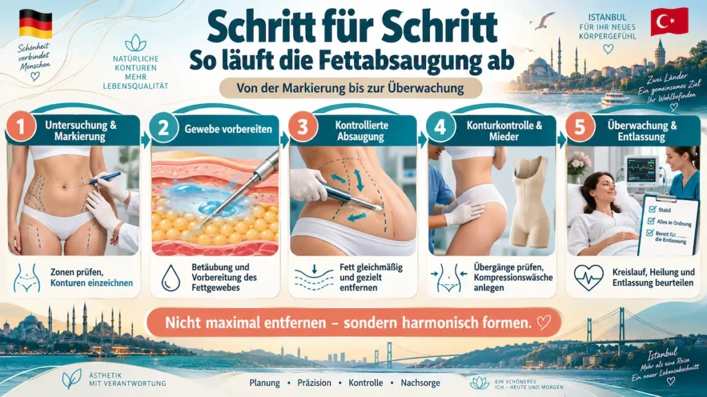 Fettabsaugung Türkei: Infografik zum Ablauf von Markierung und Gewebevorbereitung bis Absaugung, Kompressionsmieder und Überwachung.