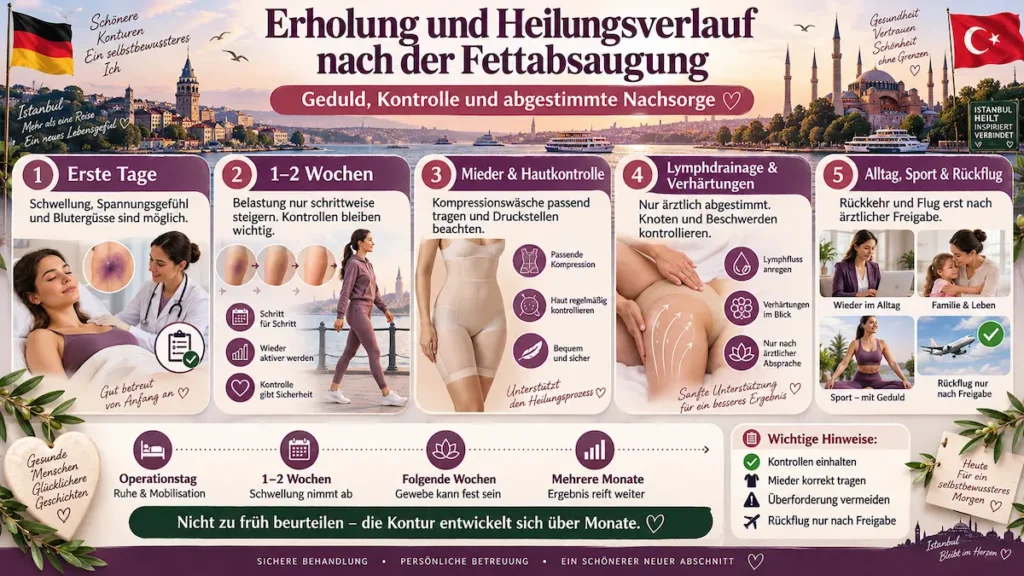 Fettabsaugung Türkei: Infografik zu Erholung, Schwellung, Kompressionsmieder, Lymphdrainage, Sport und Rückflug nach Freigabe.