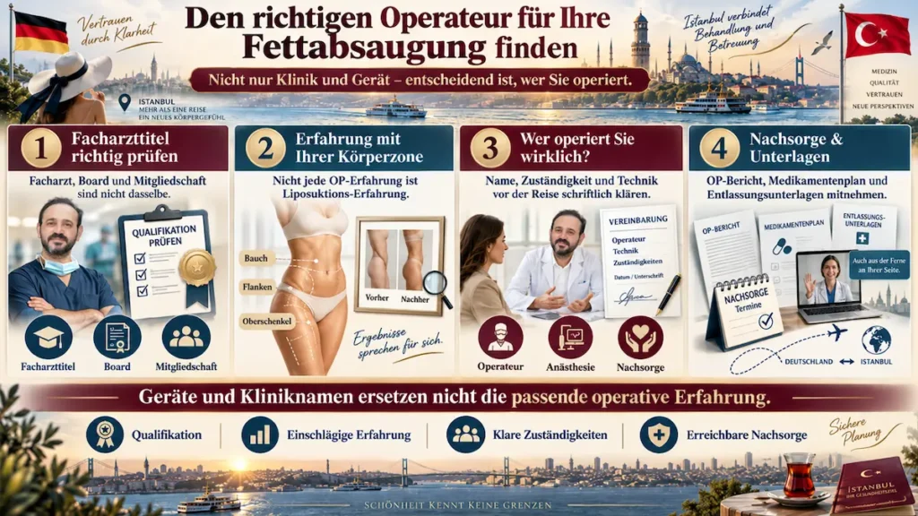 Fettabsaugung Türkei: Infografik zur Wahl des Operateurs mit Facharzttitel, Liposuktions-Erfahrung, klaren Zuständigkeiten und Nachsorge.