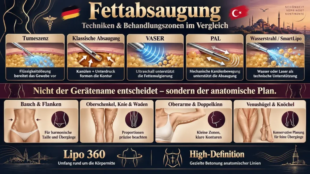 Fettabsaugung Türkei: Infografik zu Tumeszenz, VASER, PAL, Wasserstrahl, Lipo 360 und verschiedenen Behandlungszonen.