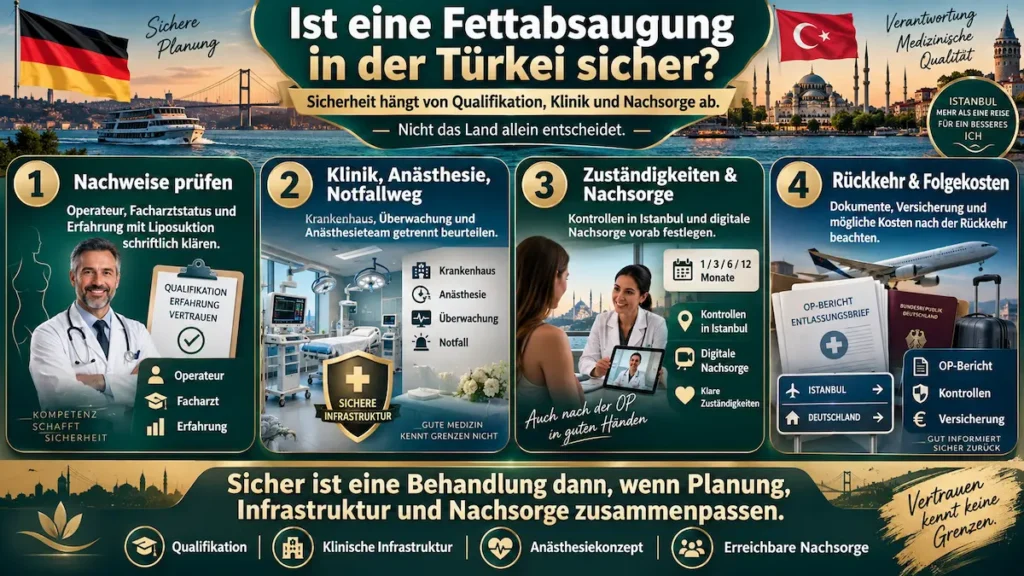 Fettabsaugung Türkei: Infografik zu Sicherheit, Operateur-Qualifikation, Klinik, Anästhesie, Nachsorge und Rückkehr nach Deutschland.