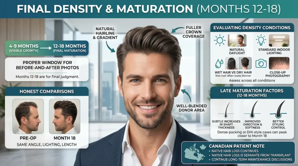 Hair transplant growth timeline image showing final density and maturation at months 12 to 18 after surgery.