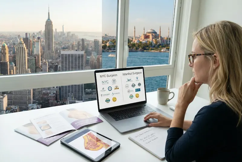 Finding Best Breast Lift With Implant Surgeon research: patient compares NYC vs Istanbul surgeon credentials on laptop.