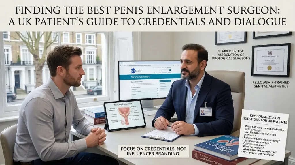 Penis Enlargement consultation image showing a doctor discussing credentials, safety, and realistic goals with a UK patient.