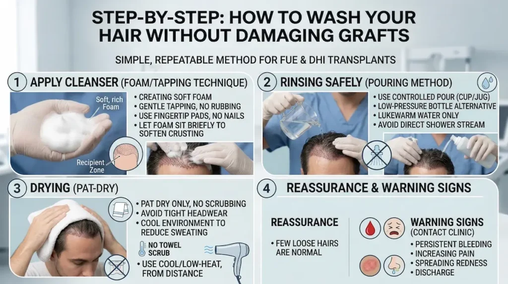 Wash hair after transplant step-by-step guide showing foam application, gentle pouring rinse, pat-dry technique, and warning signs to watch for.