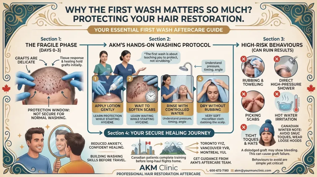 Infographic explaining why washing hair after transplant requires gentle rinsing, graft protection, and scab care.