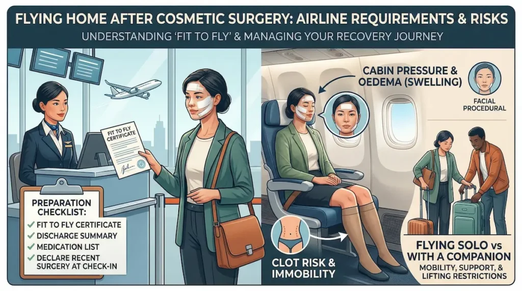 Fly after facelift infographic showing fit to fly certificate, check-in preparation checklist, cabin pressure oedema, and clot risk guidance.
