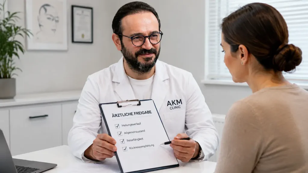 Fliegen nach Facelift: Arzt der AKM Clinic bespricht mit einer Patientin die medizinische Reisefähigkeit und Rückreiseempfehlung.