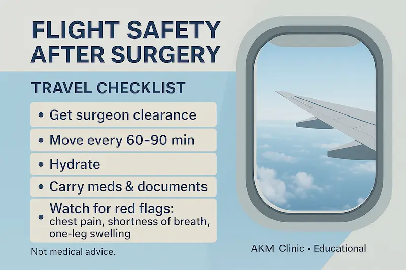Flight Safety After Surgery infographic showing a travel checklist (surgeon clearance, move every 60–90 minutes, hydrate, carry meds/documents) beside an airplane window view.