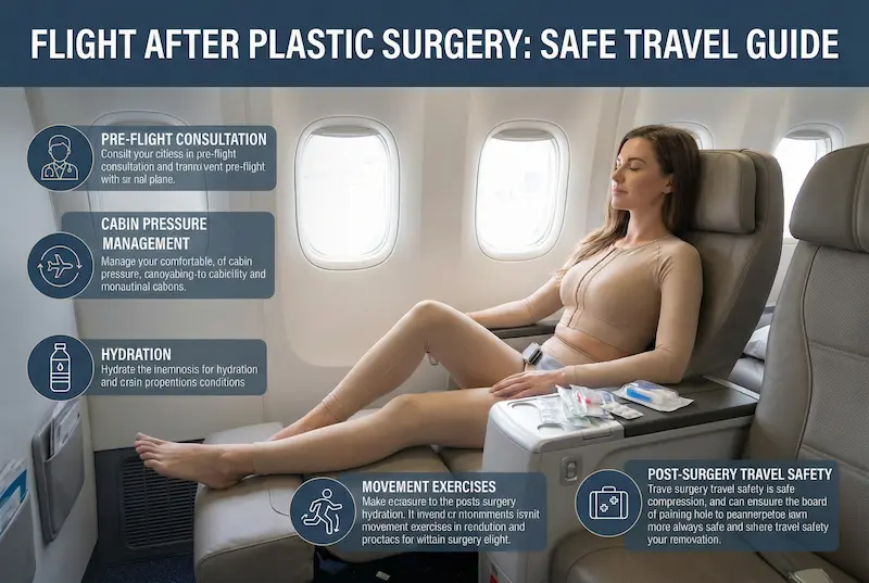 Flight Safety After Surgery infographic showing a “Flight after plastic surgery” safe travel guide with hydration, cabin pressure management, movement exercises, and post-surgery travel safety tips on an airplane seat.