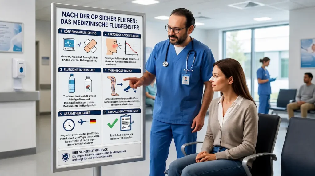 Fliegen nach Operation: Arzt erklärt Flugfenster, Schwellung, Flüssigkeitshaushalt und Thromboserisiko vor dem Heimflug.