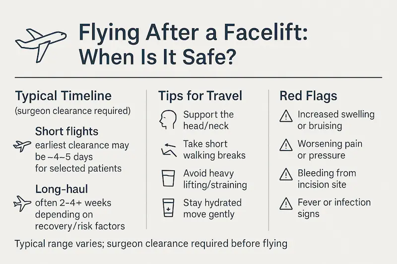 Fly After a Facelift infographic with a typical timeline (short flights 4–5 days for selected patients; long-haul 2–4+ weeks), travel tips, and red-flag symptoms.