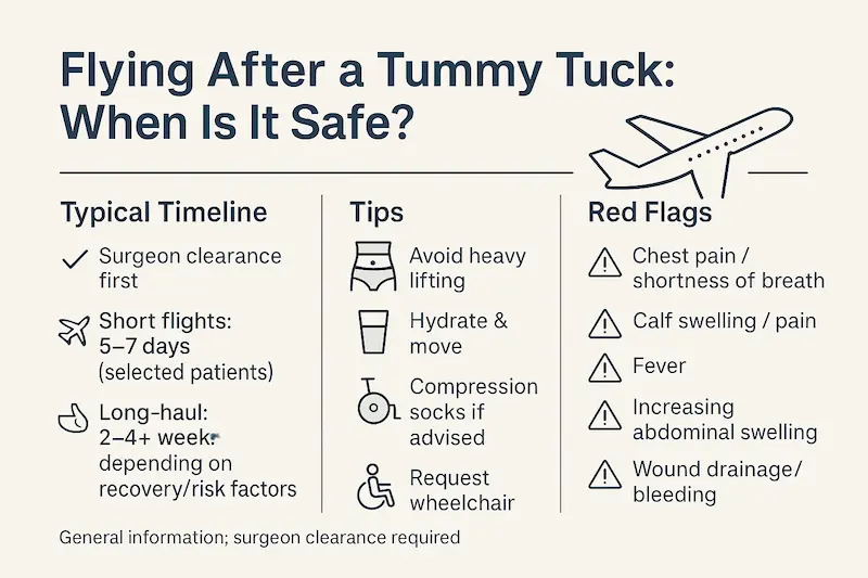 Flying after tummy tuck infographic showing a typical timeline (short flights 5–7 days for selected patients; long-haul 2–4+ weeks), travel tips, and red-flag symptoms.