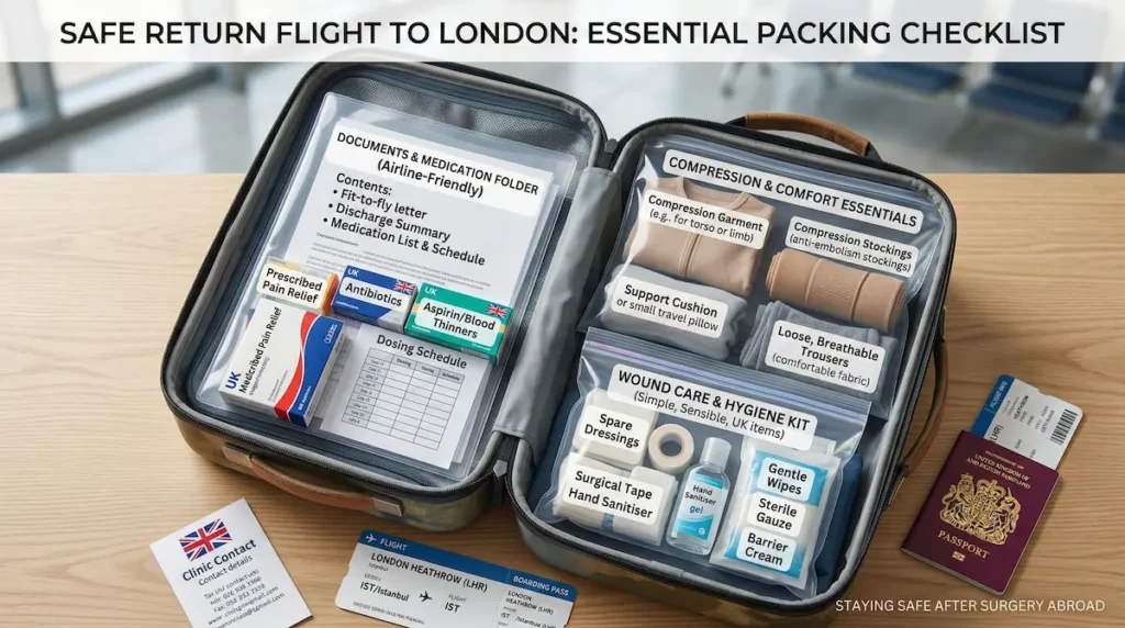Surgery Abroad Safety Checklist packing image showing a cabin-ready folder with fit-to-fly letter, medications schedule, compression essentials and wound care kit for a safe return flight to London.