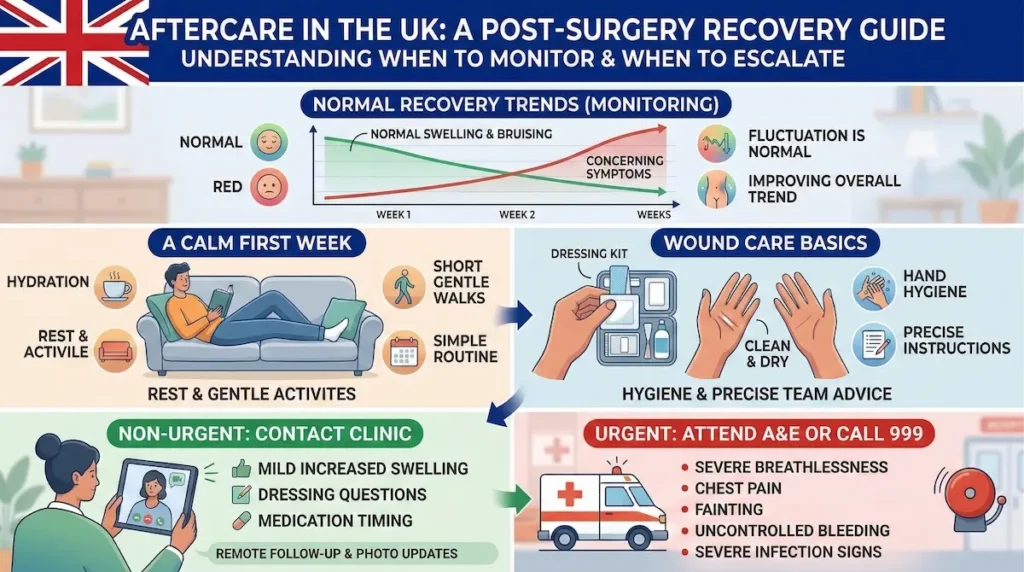 Fly after facelift aftercare infographic for UK patients showing monitoring, wound care, and when to contact the clinic or attend A&E.