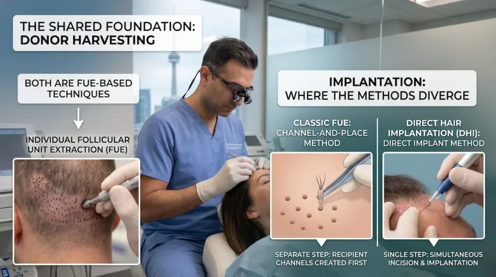 DHI vs FUE hair transplant infographic showing donor harvesting, FUE channel creation, and direct DHI implantation.