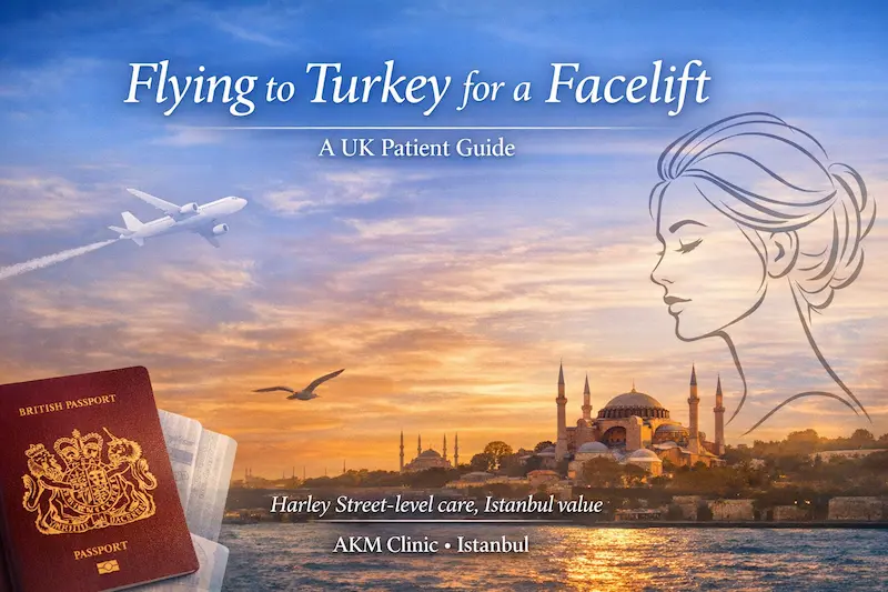 Flying to Turkey for Facelift cover image showing a UK passport, a flight to Istanbul and the city skyline for a UK patient guide.