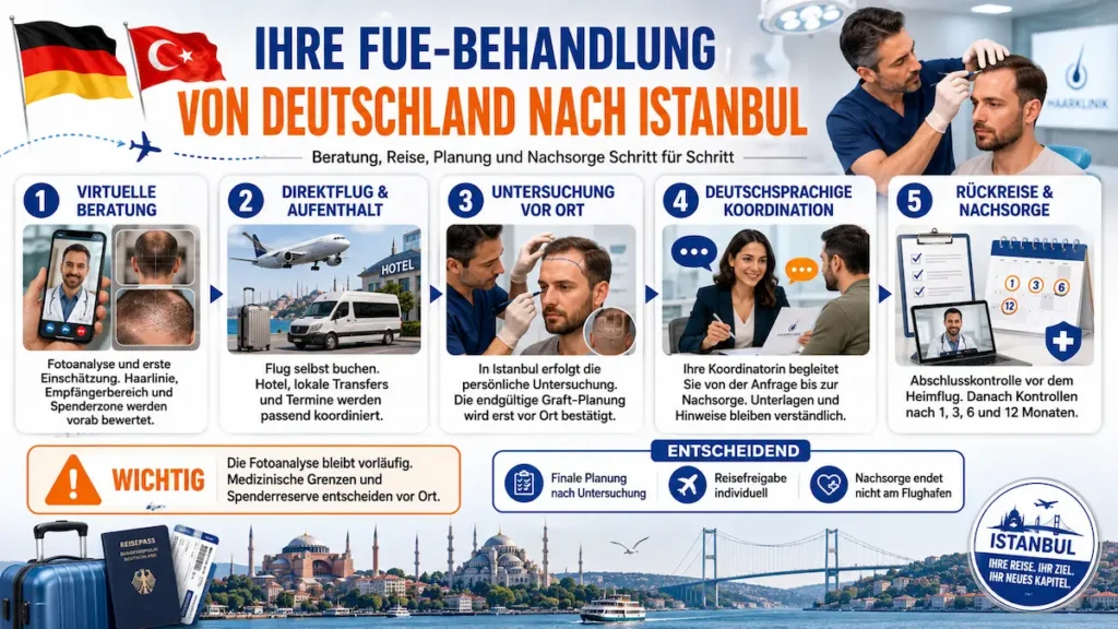 FUE-Behandlung von Deutschland nach Istanbul mit virtueller Beratung, Reise, Untersuchung vor Ort, deutscher Koordination und Nachsorge.