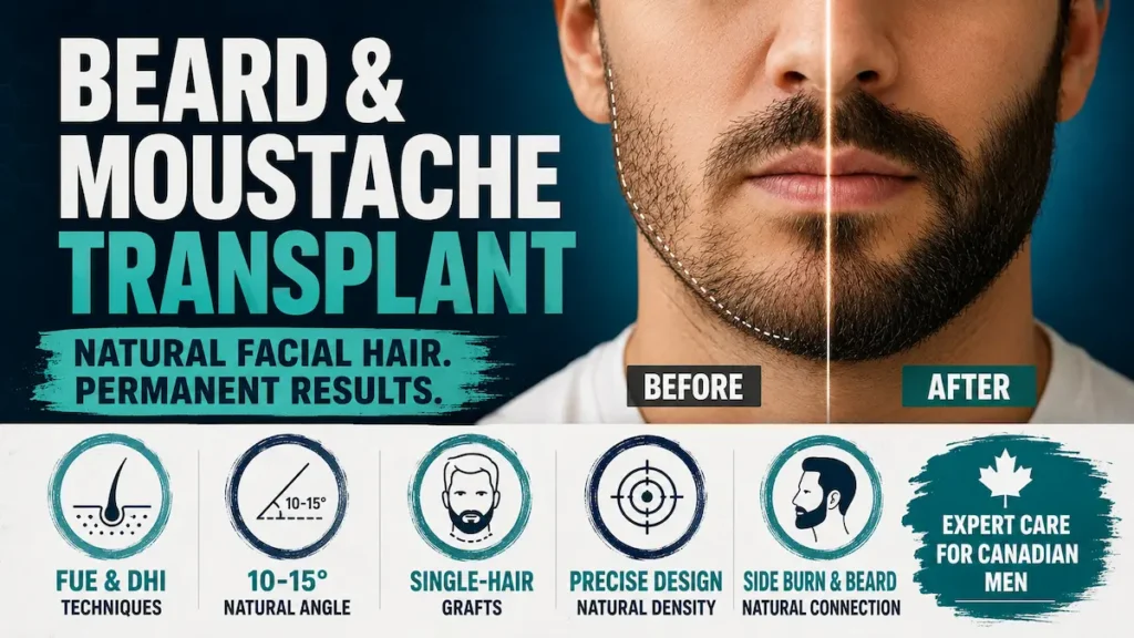 Beard transplant technique infographic showing FUE and DHI facial hair restoration with 10-15 degree natural angle for Canadian men