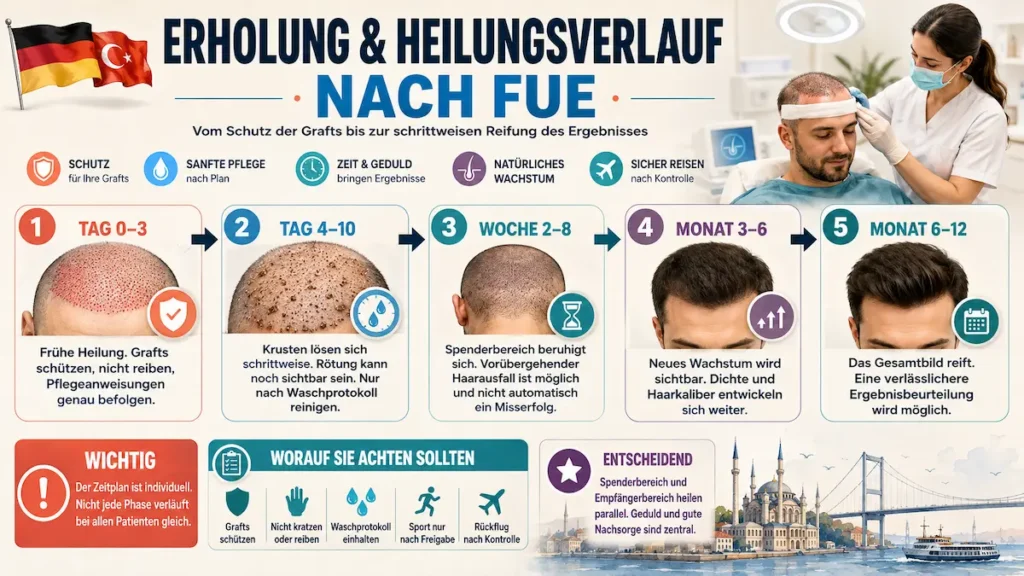 Erholung & Heilungsverlauf nach FUE mit Zeitplan von Tag 0–3 bis Monat 6–12, Krusten, Haarwachstum und Rückflug nach Kontrolle.