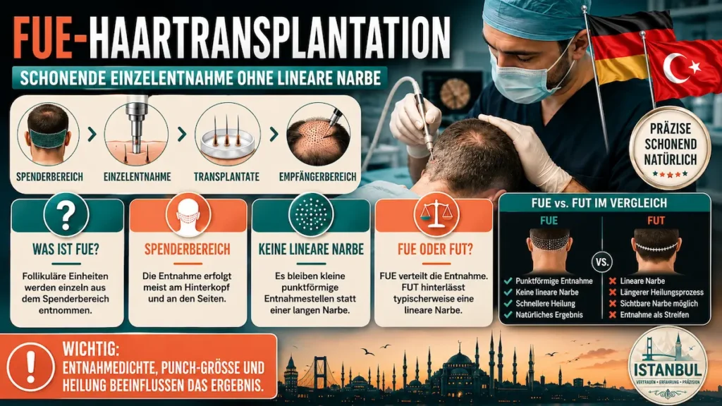 FUE-Haartransplantation mit Spenderbereich, Einzelentnahme, Transplantaten, Empfängerbereich und FUE-vs.-FUT-Vergleich