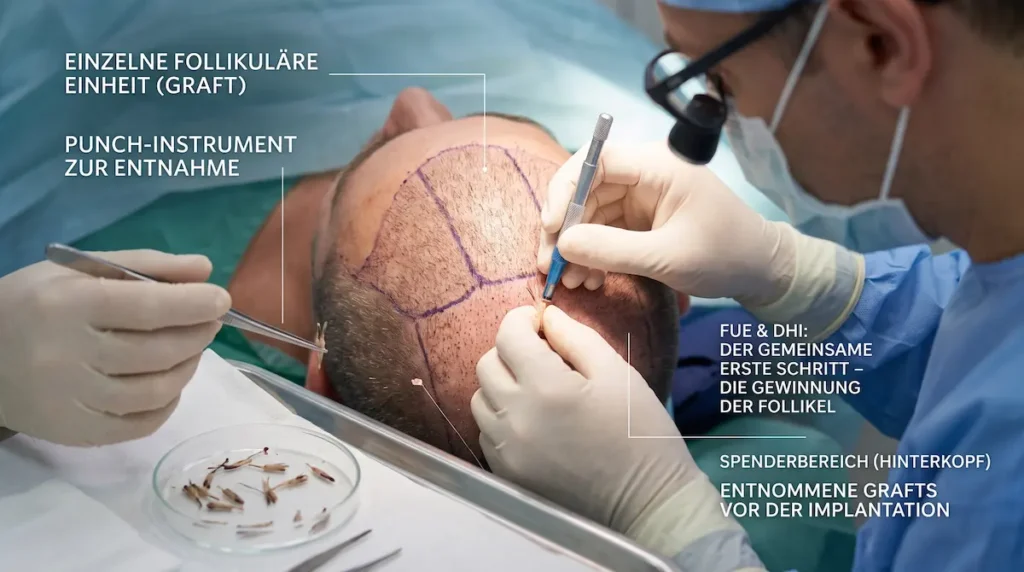 DHI oder FUE Haartransplantation: Entnahme einzelner follikulärer Einheiten mit einem Punch-Instrument aus dem Spenderbereich.
