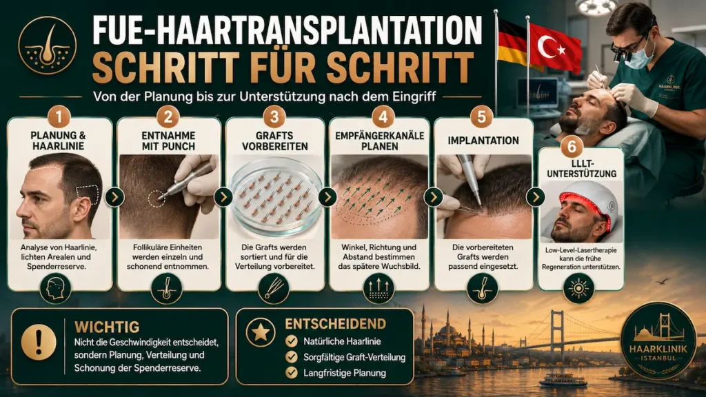 FUE-Haartransplantation Schritt für Schritt mit Haarlinienplanung, FUE-Entnahme, Graft-Vorbereitung, Implantation und LLLT.