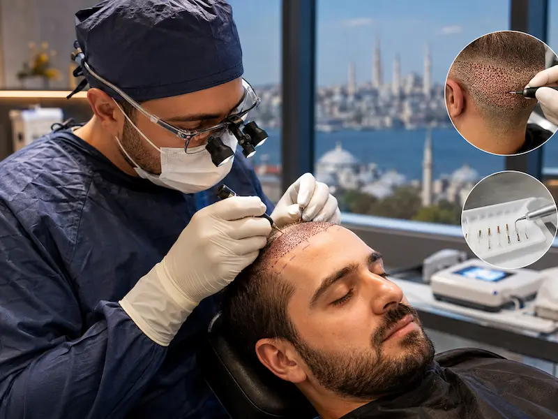FUE-Haartransplantation in der Türkei mit follikelweiser Entnahme, Graft-Vorbereitung und präziser Implantation im Haaransatz.