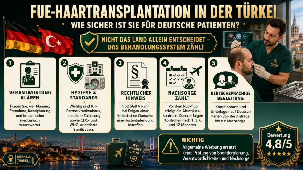FUE-Haartransplantation in der Türkei sicher planen: Infografik zu Verantwortung, Hygiene, § 52 SGB V, Nachsorge und deutscher Betreuung.