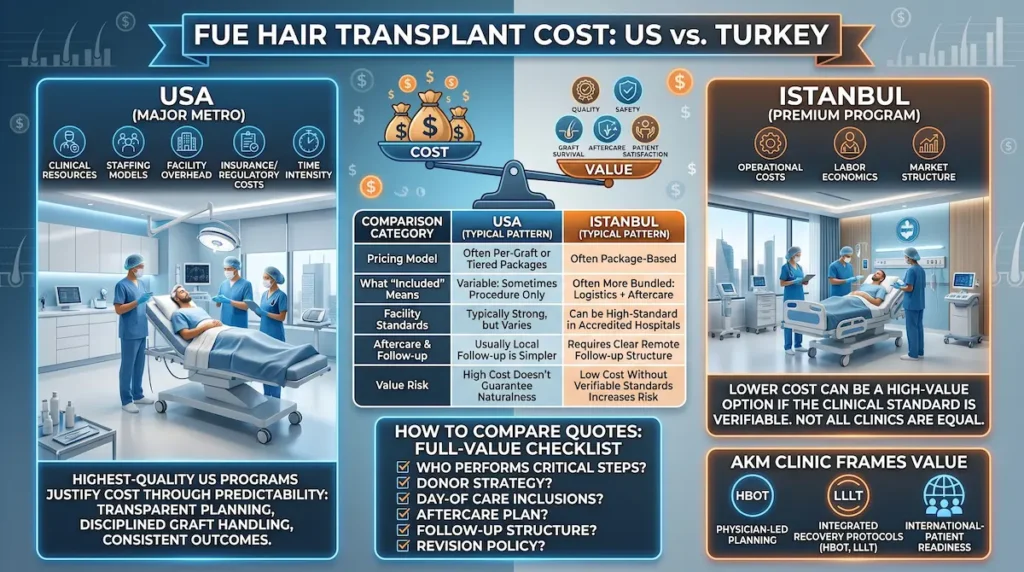 FUE hair transplant cost infographic comparing USA vs Turkey (Istanbul), showing pricing factors, value checklist, and what’s included.