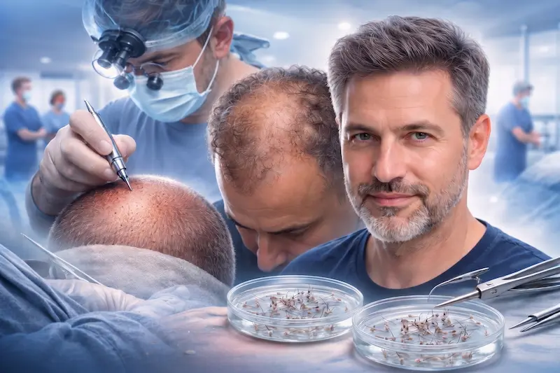 FUE hair transplant procedure showing micro-punch follicle extraction, grafts prepared in petri dishes, and implantation in a clinical setting.
