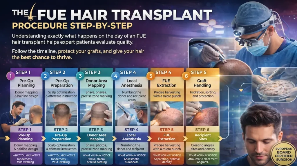 FUE hair transplant procedure step-by-step infographic showing planning, preparation, donor mapping, anesthesia, extraction, graft handling, recipient sites, and aftercare.