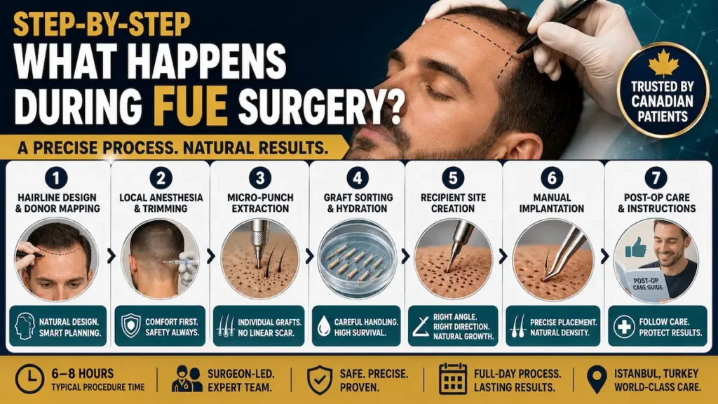 FUE hair transplant procedure infographic showing hairline design, local anesthesia, micro-punch extraction and graft implantation.