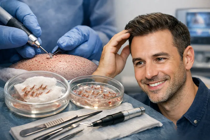 FUE Hair Transplant procedure showing follicular unit extraction with micro-punch and grafts prepared for implantation in a clinical theatre setting.